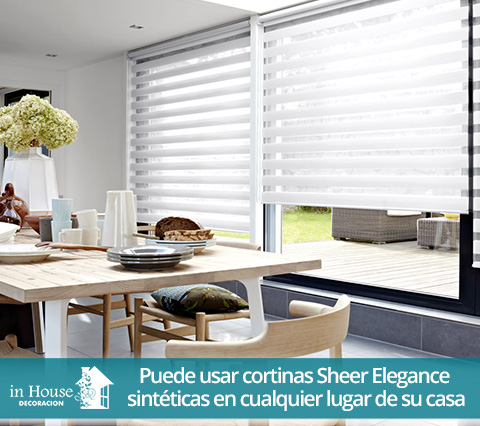 Cortinas Sheer Elegance sintticas usadas en ventanas de un comedor
