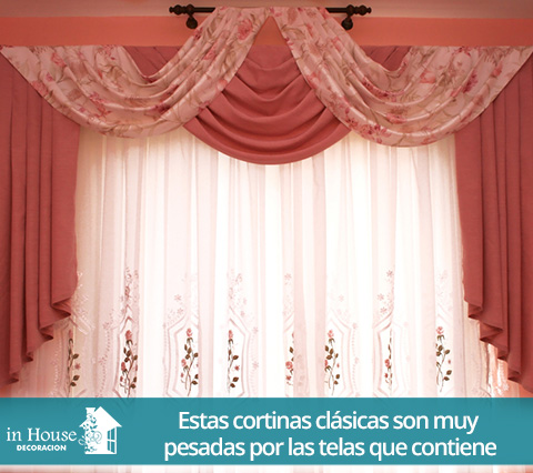 Cortinas clsicas drapeadas en color rosado y blanco, con estampado
