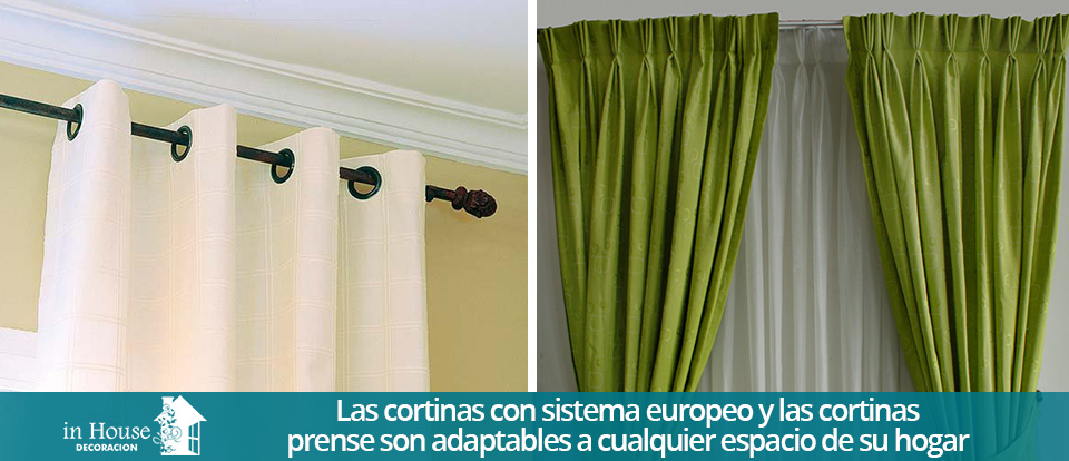Cortinas clsicas con sistema europeo y prense en color blanco y verde respectivamente